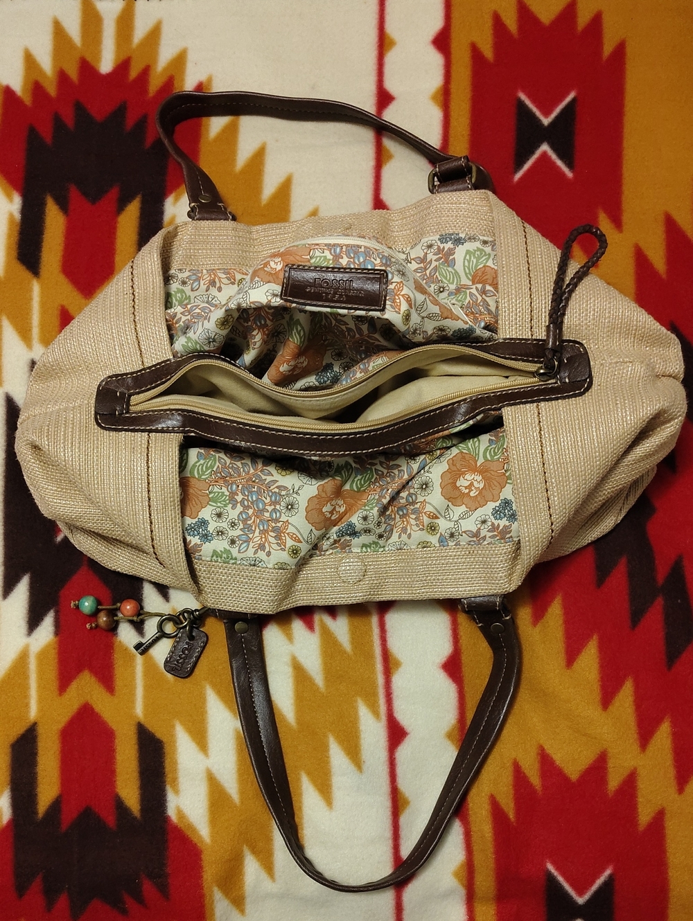 Vintage Fossil Beige Canvas Tote with Brown Trim and Floral Interior